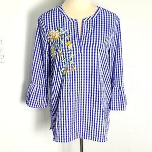 Signature Collection Blue & White Gingham Check Top, Embroidered Floral, Sz Med